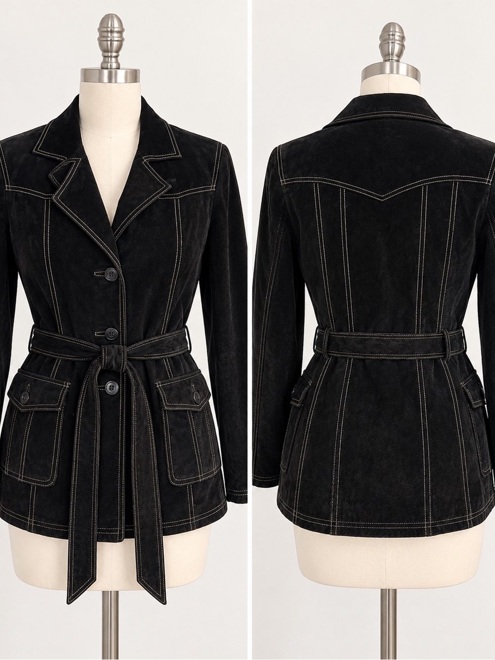 Wilsons Leather Black Suede Belted Blazer with Contrast Stitching